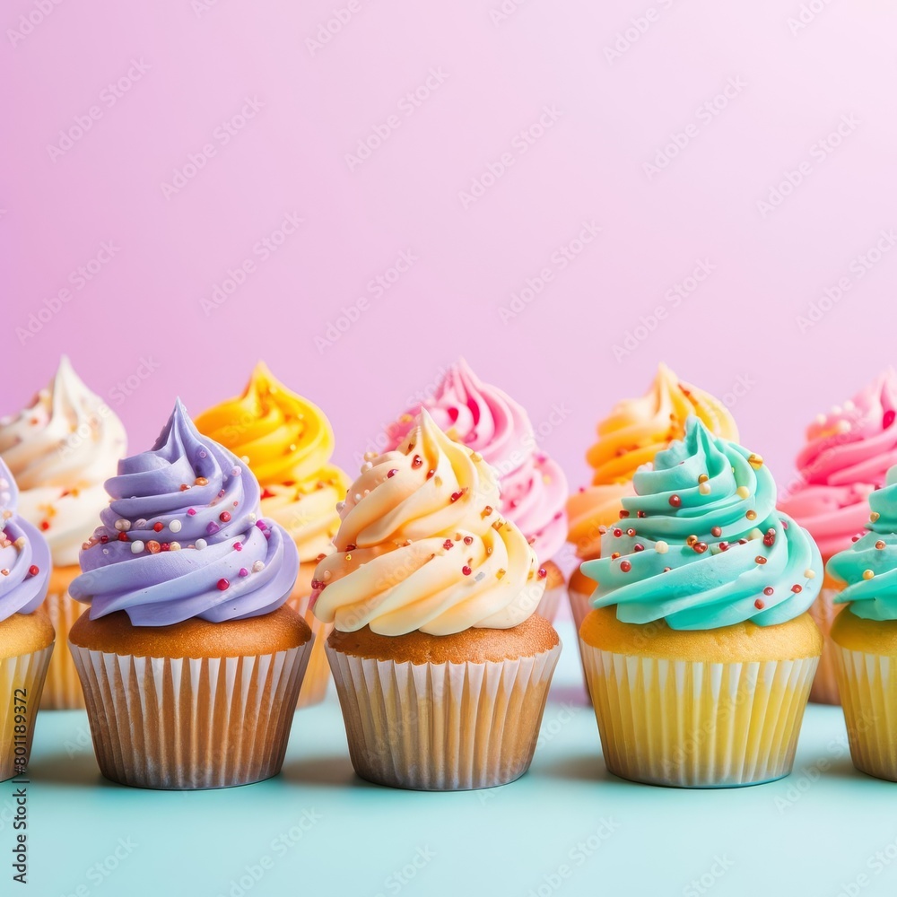 A variety of colorful cupcakes are arranged in a row against a pink background.