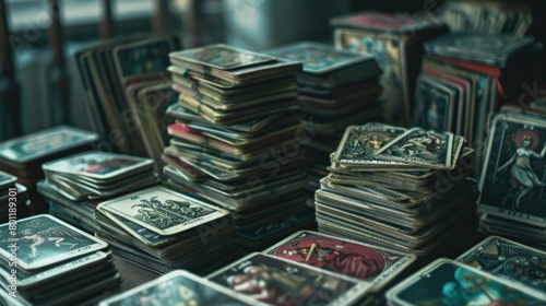 Stack of various old tarot cards. Close-up mystic and esoteric photography.