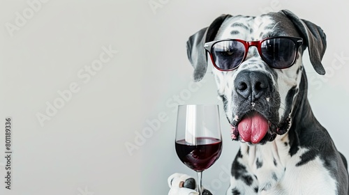  dog dane wearing sunglasses and holding a glass of red wine, banner