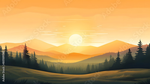 Sunrise Splendor, Golden Glow over Meadow Hills with Pine Trees. Realistic hills landscape. Vector background