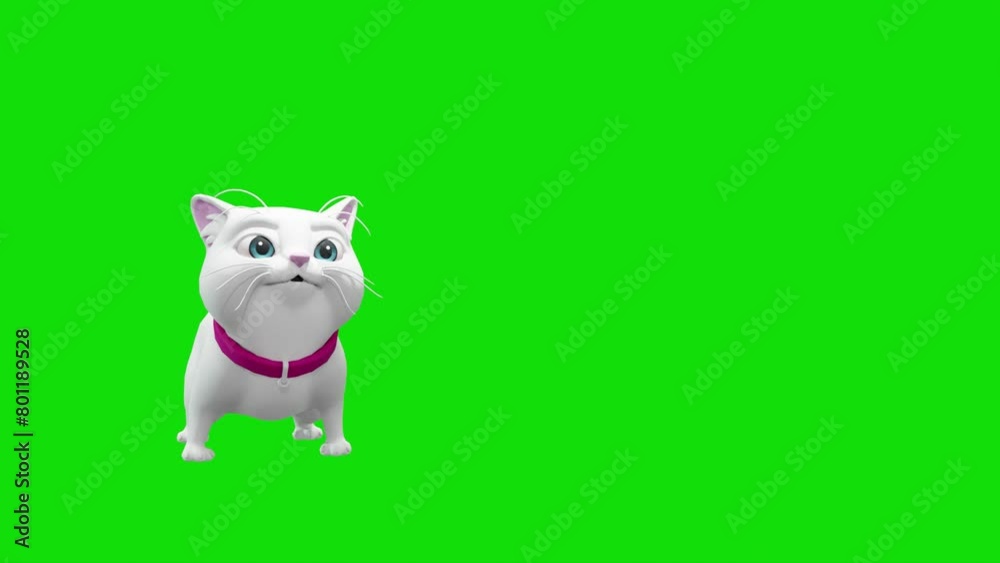 3D character animation of a cute white cartoon cat meowing against a green screen background. Ideal for video projects requiring high-quality animal animations and green screen compositing. 3D character animation of a cute white cartoon cat meowing against a green screen background. Ideal for video projects requiring high-quality animal animations and green screen compositing.