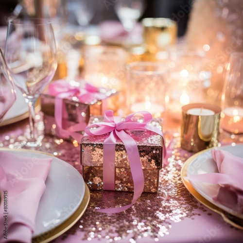 A beautiful table setting with pink and gold accents