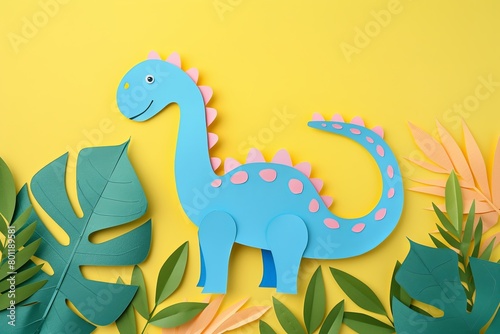 paper cut colorful dinosaur  yellow banner copy space for text 