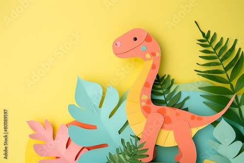 paper cut colorful dinosaur, yellow banner copy space for text 