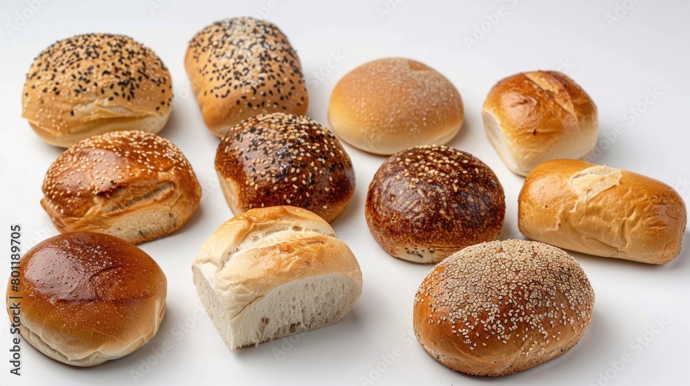 Assorted freshly baked bread rolls with various seeds on a white background.