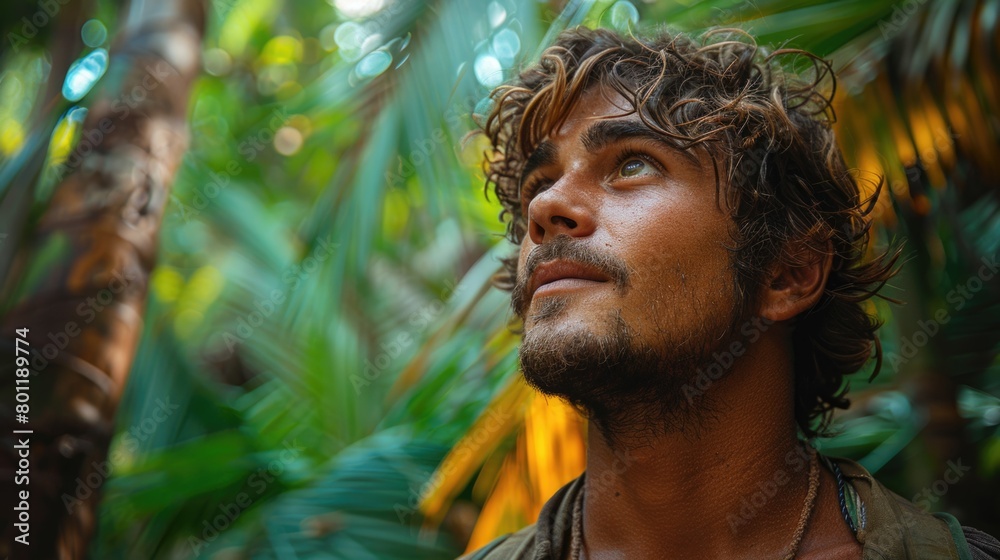 Young Adventurer Exploring Tropical Jungle - A Portrait of Discovery and Wanderlust Young Adventurer Exploring Tropical Jungle - A Portrait of Discovery and Wanderlust