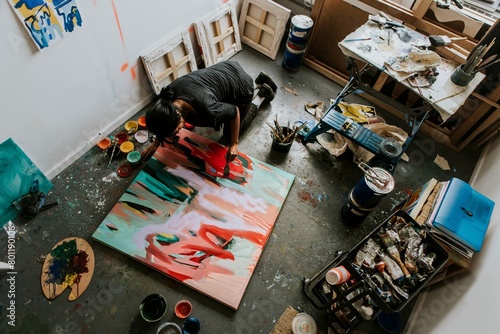 Woman artist working on her paint canvas in her studio