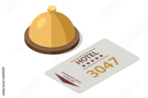 Isometric Hotel service bell and Key card, reception bell. Hotel service bell on a table, Electronic modern system for opening, closing, lock and unlock doors. Concept hotel, travel, room