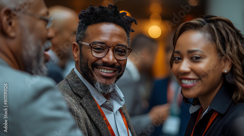 Black businessmen talk to each other.