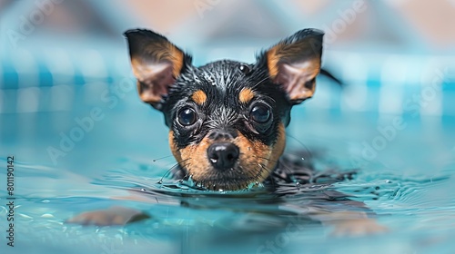 cute yellow and black pinscher dog swimming in the water