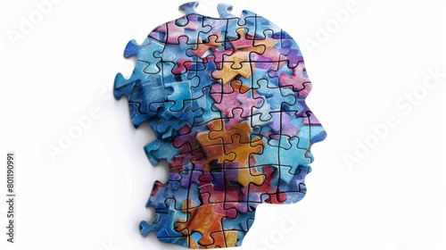 A conceptual image depicting a human head in profile view   seamlessly integrated with jigsaw puzzle pieces   symbolizing cognitive psychology   mental health   problem  -  solving   and brain function