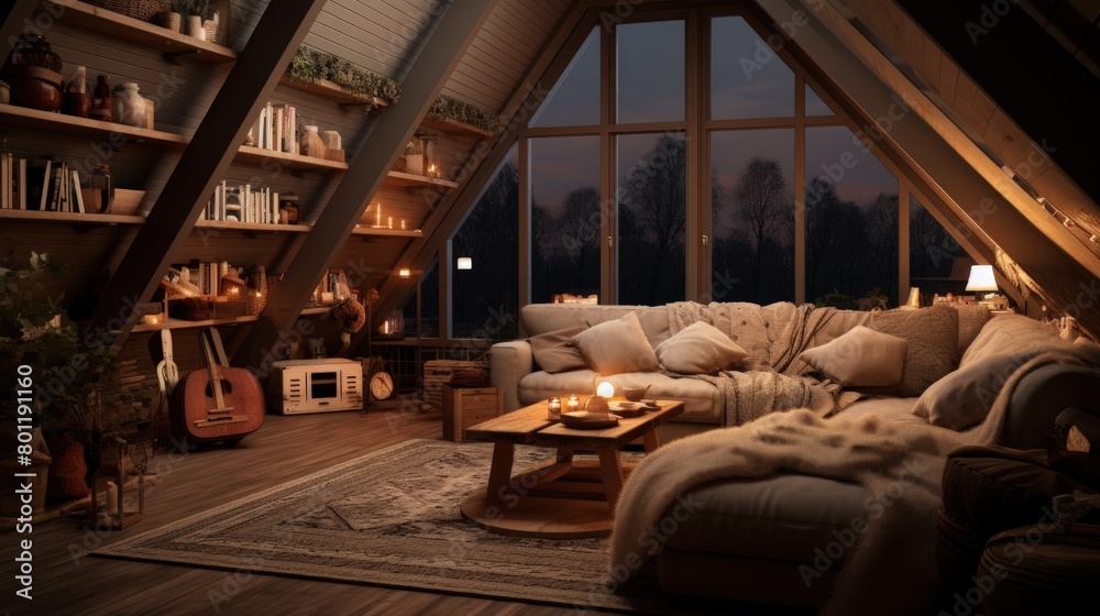 Attic with subdued light and a warm atmosphere. In the style of hygge
