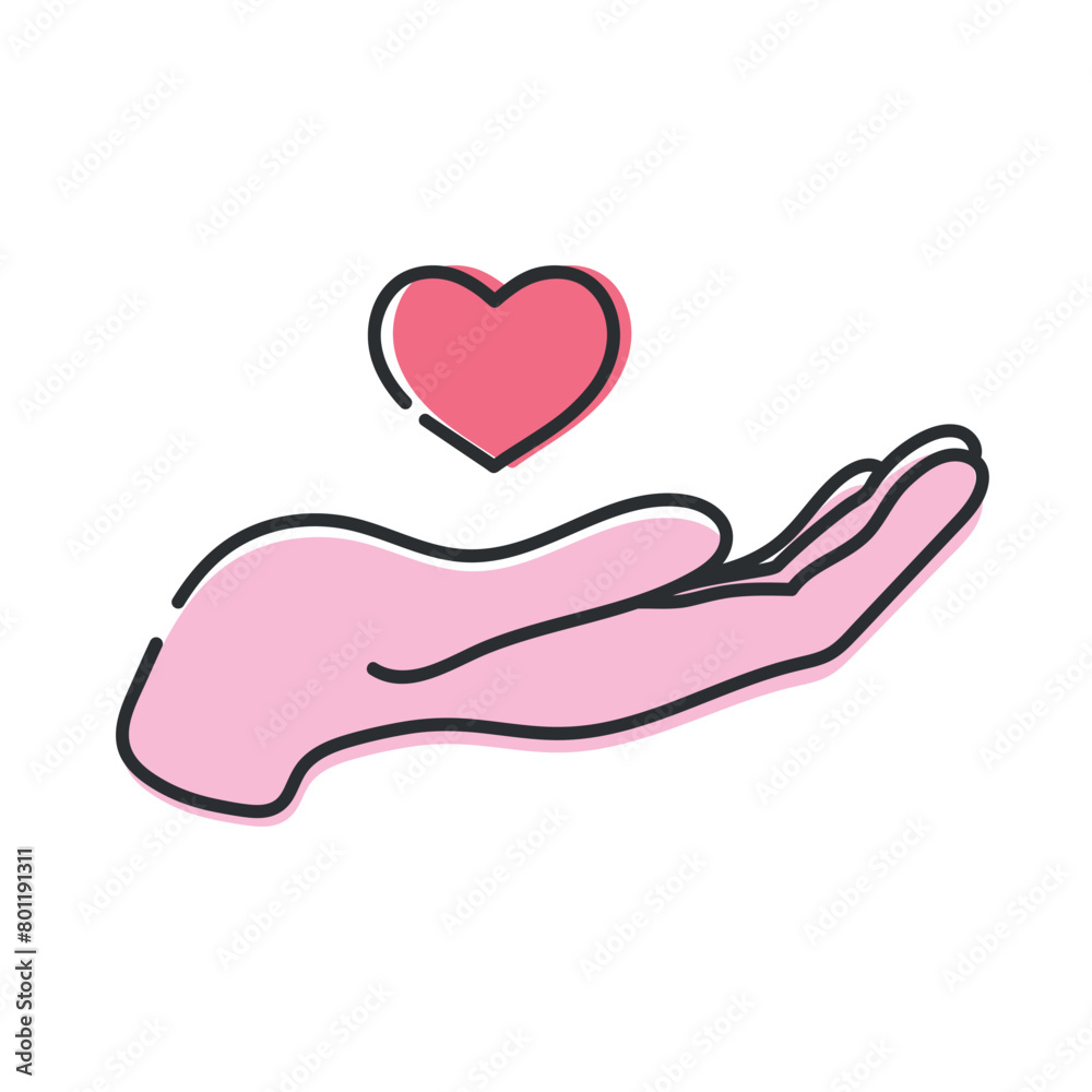 Heart on cupped hand line icon isolated on white background. Human hand holding a heart. Vector illustration Heart on cupped hand line icon isolated on white background. Human hand holding a heart. Vector illustration