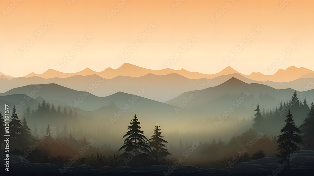 Dawn's Glow, Misty Hills with Pine Trees. Realistic hills landscape. Vector background