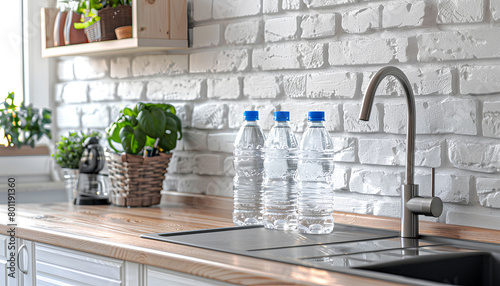 Bottles of clean water and sink on kitchen counter near white brick wall © Oleksiy