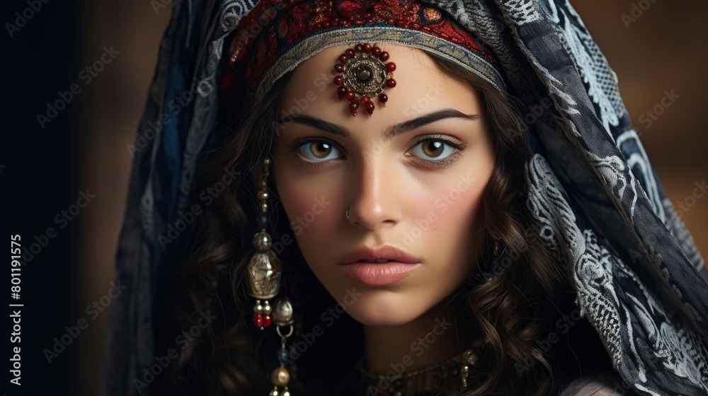A young beautiful Bedouin woman posing in traditional headgear and ornaments A young beautiful Bedouin woman posing in traditional headgear and ornaments