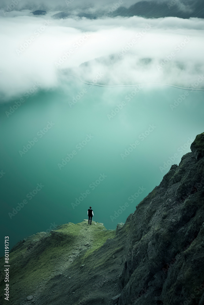 Obraz premium A solitary figure stands on a mountain edge, overlooking a vast, misty landscape, evoking awe and a sense of solitude