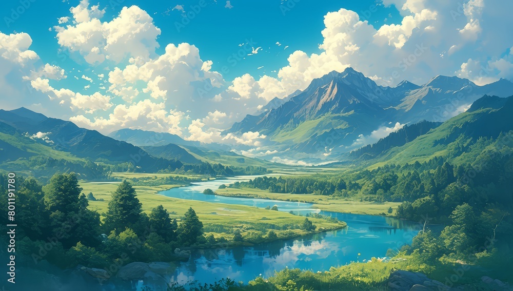 A beautiful landscape of a river with forest on the sides, sky full of clouds, mountains in the background, fantasy art