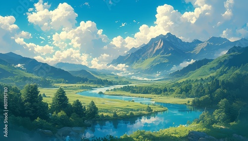 A beautiful landscape of a river with forest on the sides  sky full of clouds  mountains in the background  fantasy art