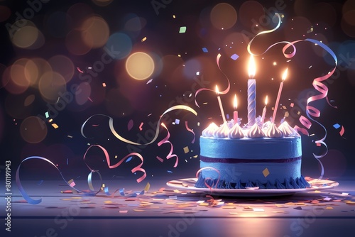 A blue birthday cake with candles, blurred background of lights and confetti. 