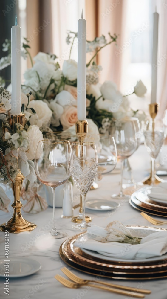 A beautiful table setting with white and gold accents