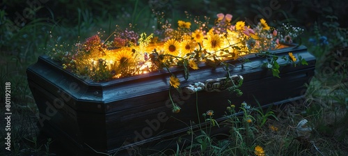 Black casket adorned with flowers and a glowing 