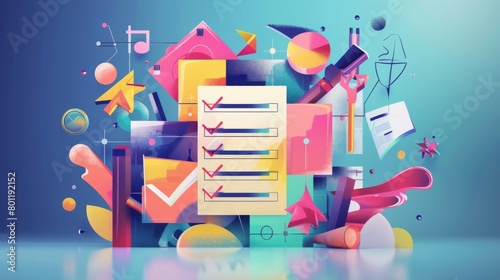 A creative abstract illustration depicting a to-do list concept, featuring stylized text and check marks, with a blend of vibrant colors and shapes, symbolizing organization and productivity photo