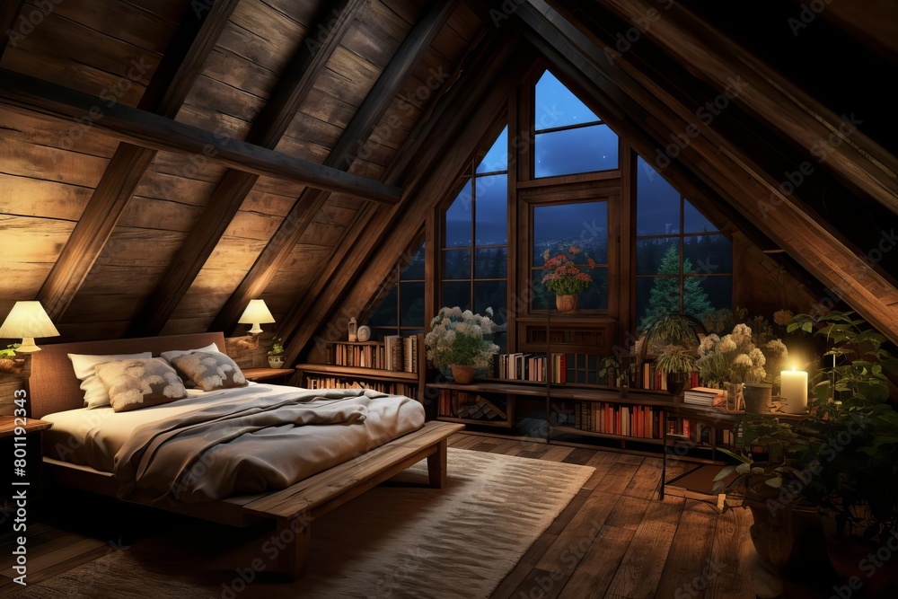 A cozy bedroom in a wooden cabin