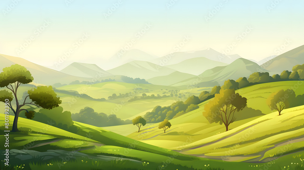 Sunlit Slopes, Meadow Hills bathed in Morning Light with Oak Trees. Realistic hills landscape. Vector background