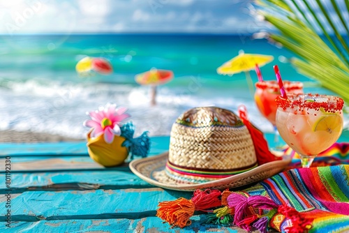 Cinco de Mayo,Mexican colorful summer fiesta party, sombrero hat, maracas margarita cocktail photo