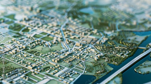 A detailed   technical blueprint showcasing urban planning and city zoning.  A layout of a city   including residential   commercial   industrial zones and transportation routes and green spaces