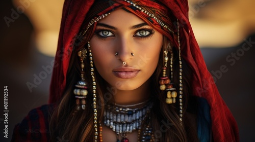 A young beautiful Bedouin woman posing in traditional headgear and ornaments photo