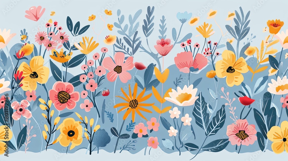 flat vector graphic floral loosely arranged in bright pastel colors, banner blue background