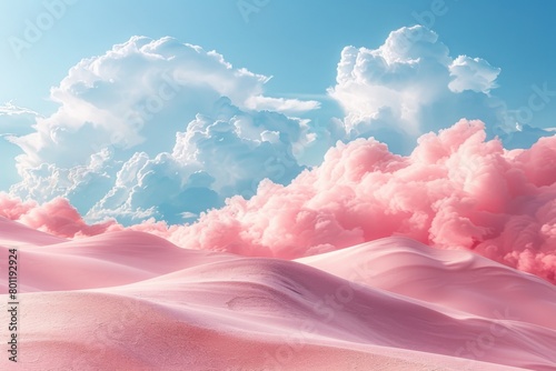 Pink sand dunes with cotton candy clouds.