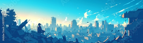 A city skyline with collapsed buildings and rubble, cartoon vector illustration, flat design. The background is light blue sky with clouds. photo