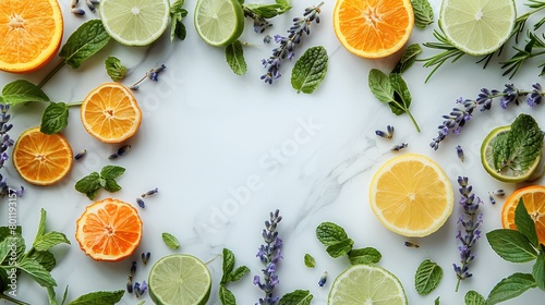 Top view product of lavender, peppermint, citrus, tea tree and bergamot leaves surrounding a circular empty space on a white marble background, minimal modern style of flat lay. Generative AI. photo