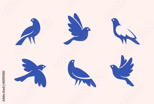Abstract bird icon set num.2. Cute small sparrow or pigeon logo, bird vector silhouette.