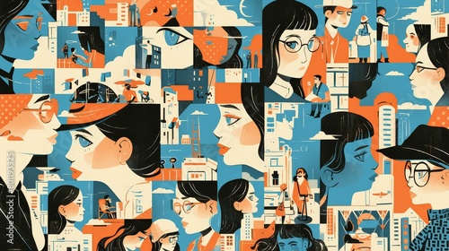 A cubist vector illustration of abstract faces, forming an array of people and objects in bold colors against a teal background.