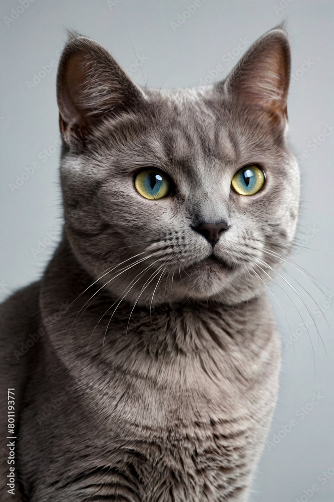 Portrait of lilac british cat with opened his mouth at white background, looking up away. Crazy cat with mad look, animal that is surprised or amazed. Emotional surprised concept. Copy ad text space