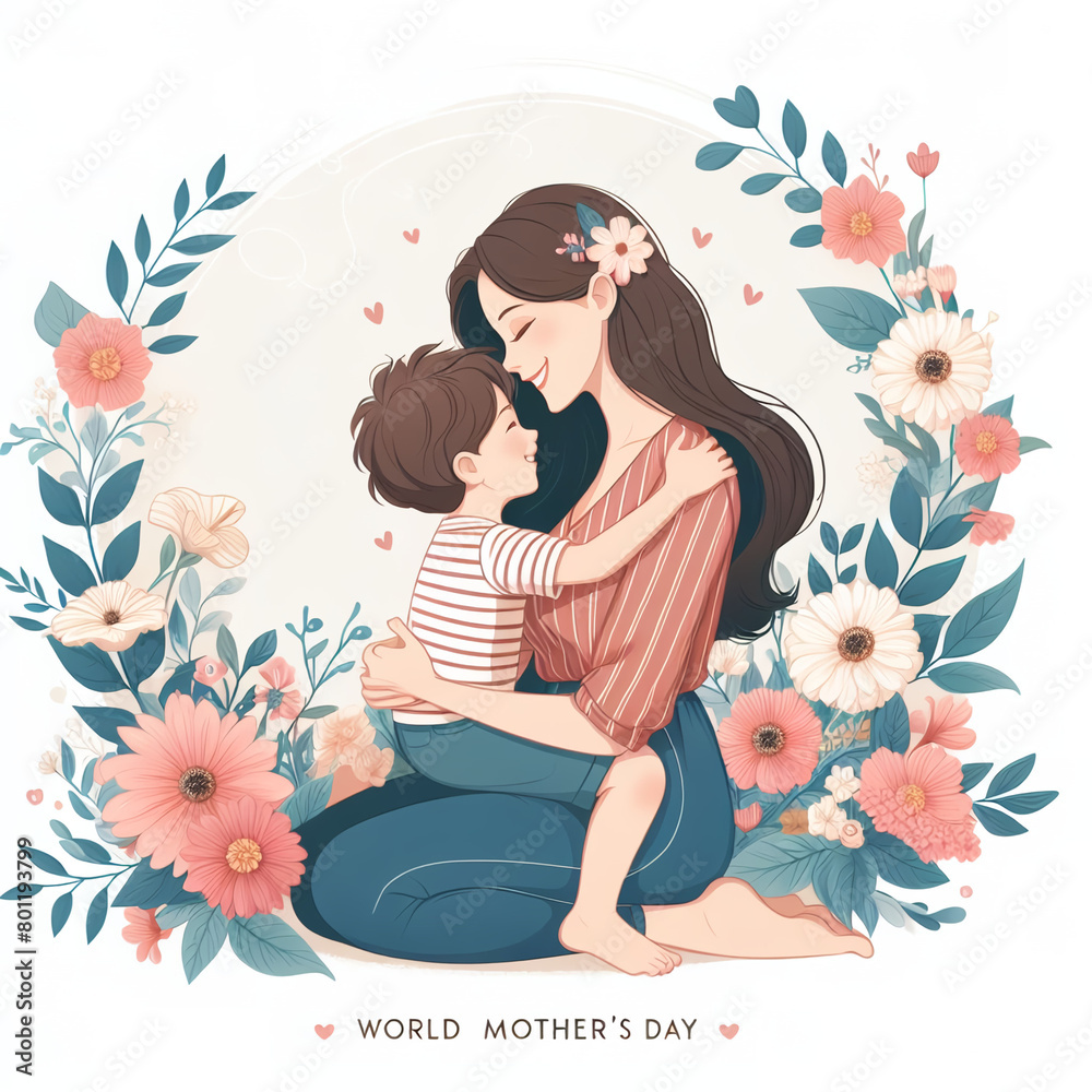 Minimal peach pink Mother's Day template. Mother holding child. Diverse family concept. Minimal peach pink Mother's Day template. Mother holding child. Diverse family concept.