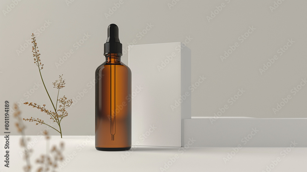 Amber glass dropper bottle mockup with white blank box isolated on white background Amber glass dropper bottle mockup with white blank box isolated on white background