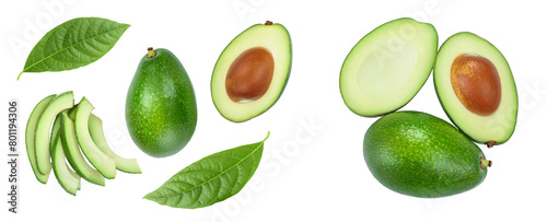 avocado and slices isolated on white background. Top view. Flat lay