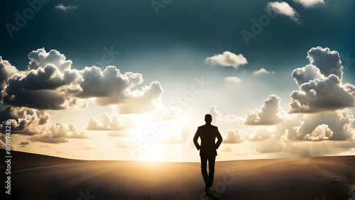 A business person carrying a business bag, under the sunset, there are white clouds in the sky, and the background is the city skyline. Illustrated by the concept of successful people striving for suc