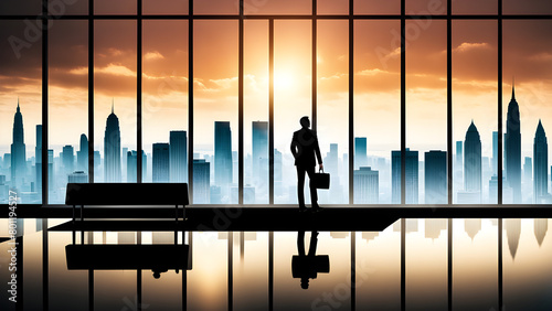 A business person carrying a business bag, under the sunset, there are white clouds in the sky, and the background is the city skyline. Illustrated by the concept of successful people striving for suc photo