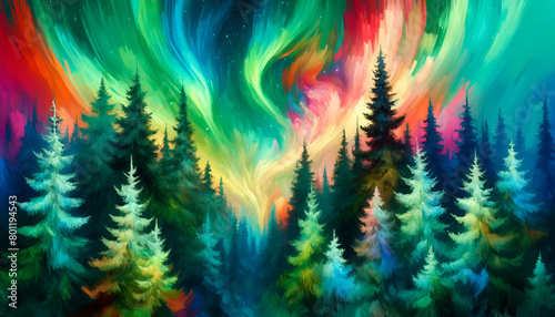Vibrant Impressionistic Pine Tree Canopies Close-Up - Rainbow Colors and Aurora Sky, Perfect for Magical-Themed Backgrounds