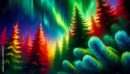 Magical Pine Tree Canopies in Rainbow Colors Close-Up - Aurora Borealis Twilight Sky, Ideal for Fantasy Backgrounds and Wall Art