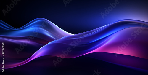 Abstract background with blue and purple waves, dark gradient background, smooth lines, glowing light effects, soft shadows, and futuristic style.
