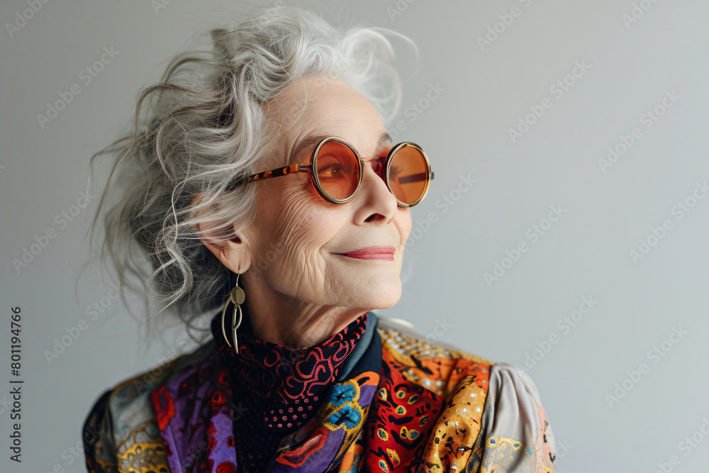 Studio portrait of a stylish and fashionable older woman, smiling and looking to the side, with ample space for text.