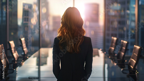 Female business leader standing at of an office conference table photo