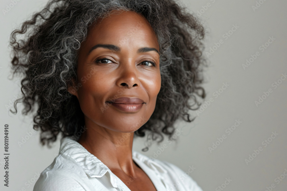 Studio portrait of a mature black woman with afro hair, adorned with streaks of gray, smiling and confidently gazing at the camera, with space for text. Studio portrait of a mature black woman with afro hair, adorned with streaks of gray, smiling and confidently gazing at the camera, with space for text.